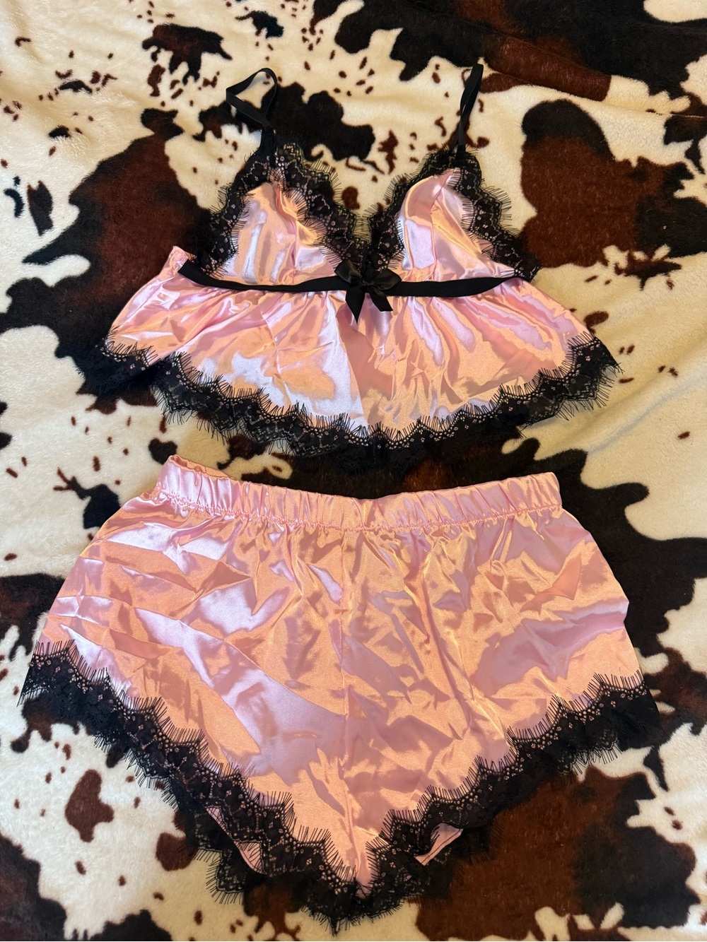Pink Satin Lace Trim Two-Piece Sleep Set